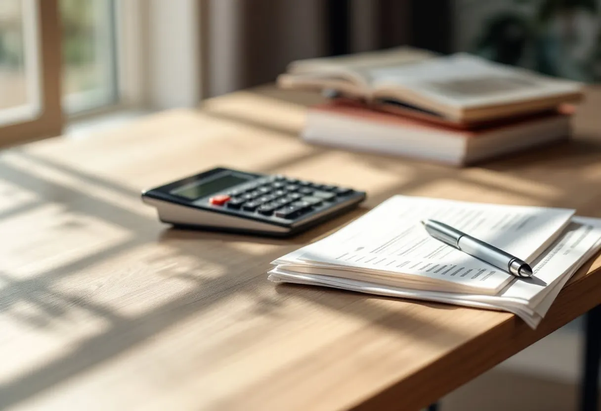 Calculator, pen, and financial paperwork on a desk